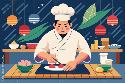 A chef meticulously assembles sushi on a cutting board, highlighting the art of sushi-making with fresh ingredients.