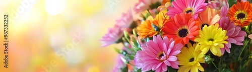 Vibrant bouquet of multi-colored gerbera flowers in full bloom, captured with a soft-focus background, perfect for spring and summer designs.