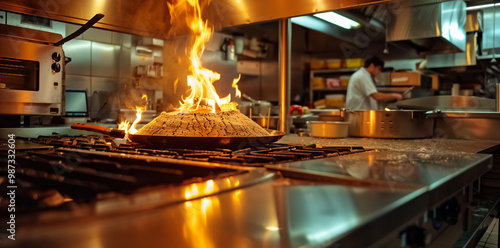 Photograph of a modern stainless steel kitchen in a commercial restaurant