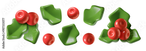 Christmas holly berry 3d vector elements set. Three dimensional winter holiday plant branches and leaves in a cute minimal plastic toy style.