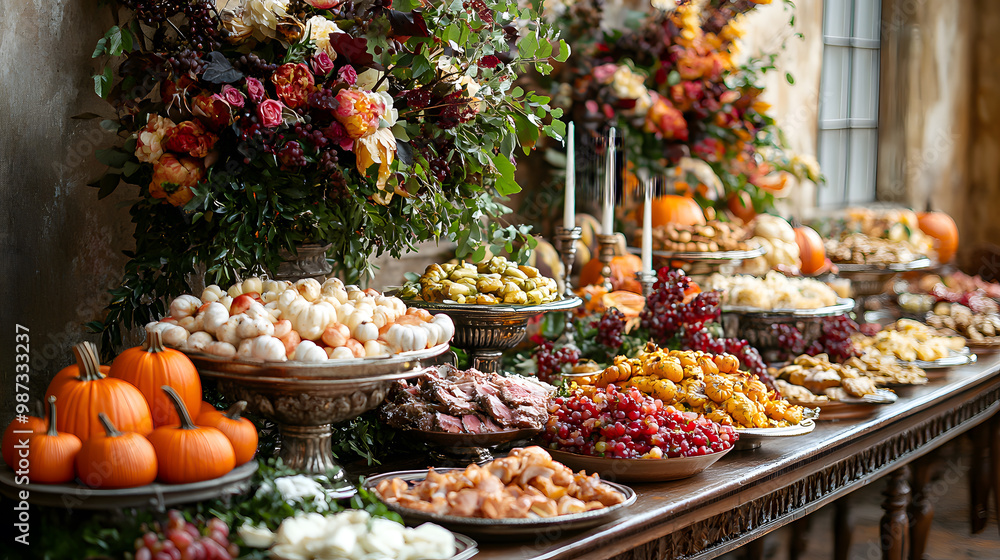 A beautifully arranged table showcasing an abundance of colorful fruits, vegetables, and decorative elements for a festive gathering. A beautifully arranged table showcasing an abundance of colorful fruits, vegetables, and decorative elements for a festive gathering.
