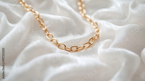 Elegant close-up of a gold chain necklace lying on white textured fabric, luxurious and detailed