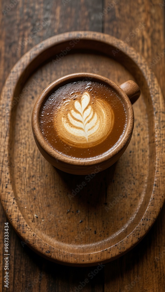 Aerial shot of creamy artisanal coffee in a wooden mug. Aerial shot of creamy artisanal coffee in a wooden mug.