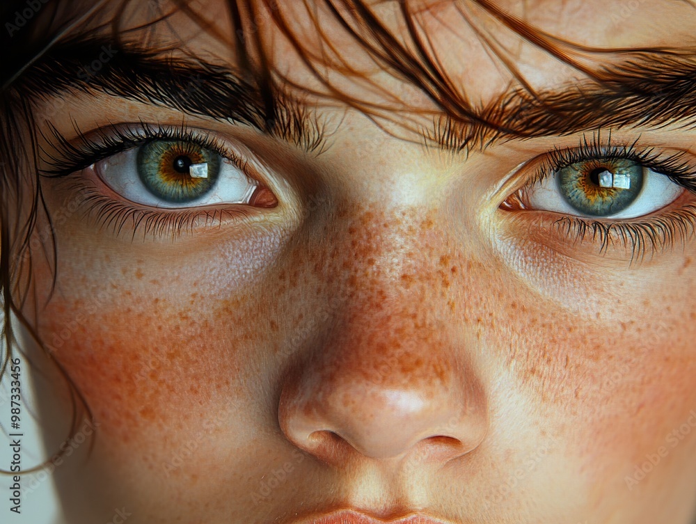 Close-up Portrait of a Woman with Freckles and Intriguing Eyes Close-up Portrait of a Woman with Freckles and Intriguing Eyes