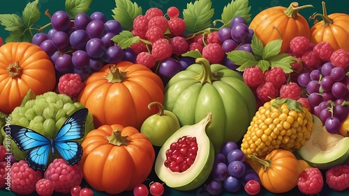 abstract illustration of different colorful fruits and vegetables arranged together with butterflies around them