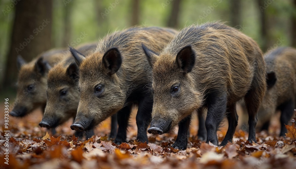 Wild boar family foraging in autumn forest, close up Wild boar family foraging in autumn forest, close up