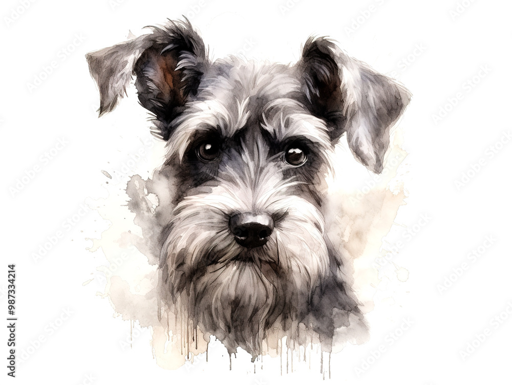 A miniature schnauzer dog head, looking directly at the camera with kind eyes on white background. Pet. Animals. A miniature schnauzer dog head, looking directly at the camera with kind eyes on white background. Pet. Animals.