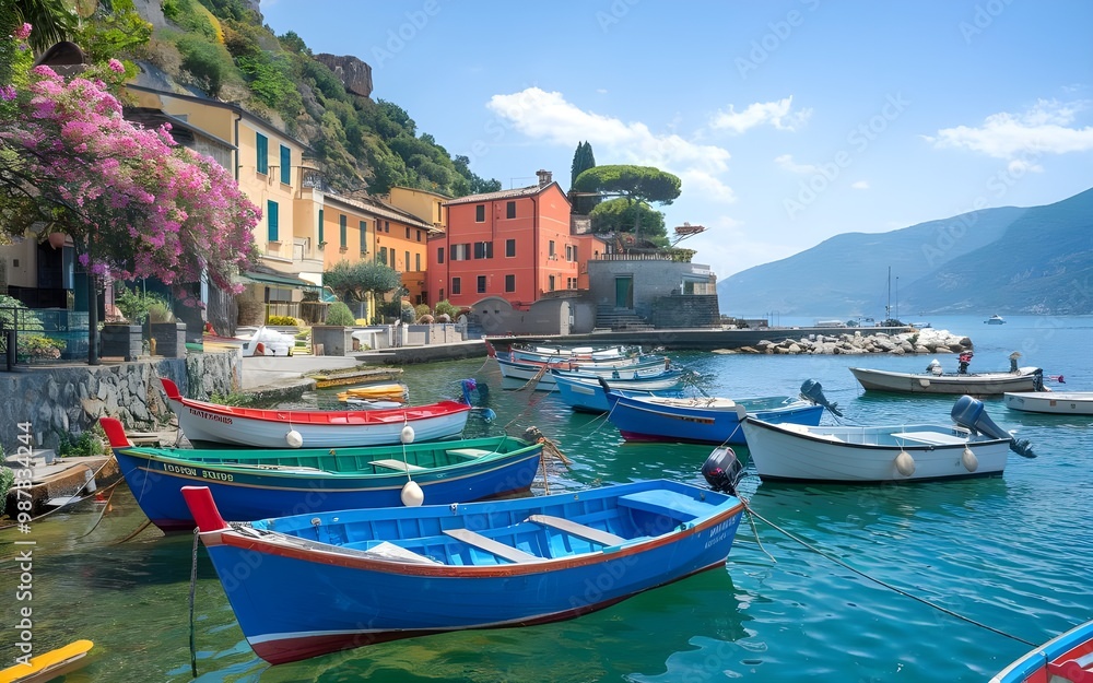 Fototapeta premium Sunny Italian Coastal Scene with Blooming Flowers and Vibrant Boats