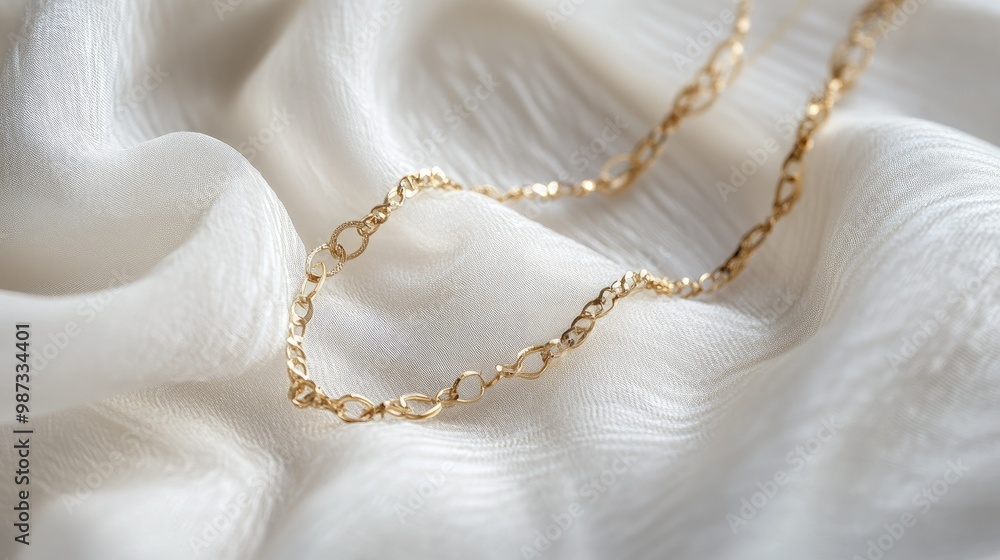 Gold chain necklace carefully placed on white fabric, intricate design and texture highlighted Gold chain necklace carefully placed on white fabric, intricate design and texture highlighted