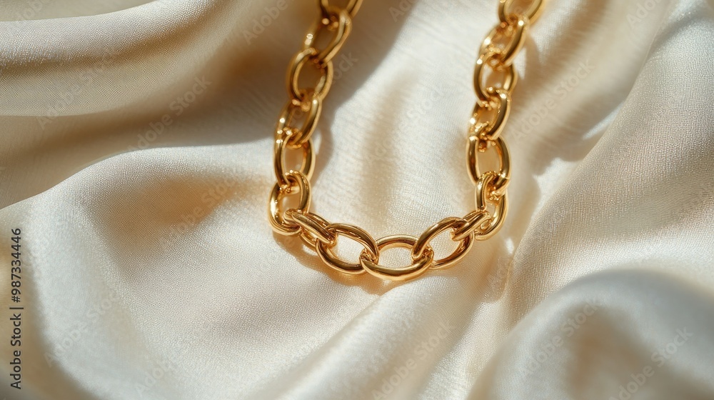 Gold chain necklace draped on textured white fabric, reflecting soft light, close-up and elegant Gold chain necklace draped on textured white fabric, reflecting soft light, close-up and elegant