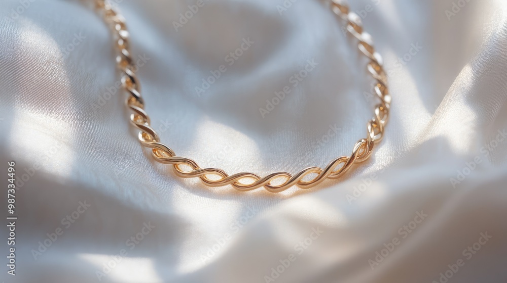Gold chain necklace draped on textured white fabric, reflecting soft light, close-up and elegant Gold chain necklace draped on textured white fabric, reflecting soft light, close-up and elegant