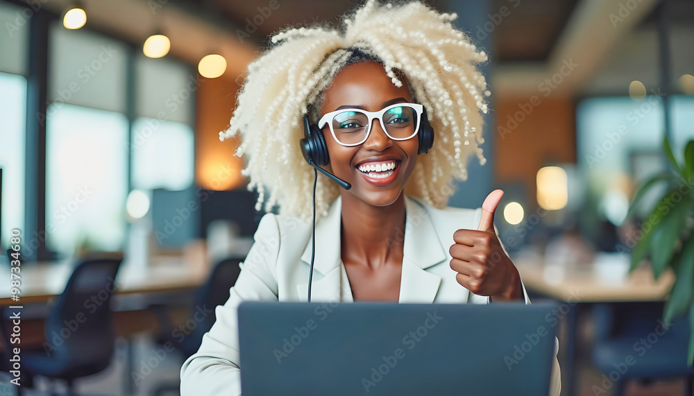 Portrait of beautiful black woman with white afro hairstyle, working in office with head set and laptop, , thumbs up gesture, business people