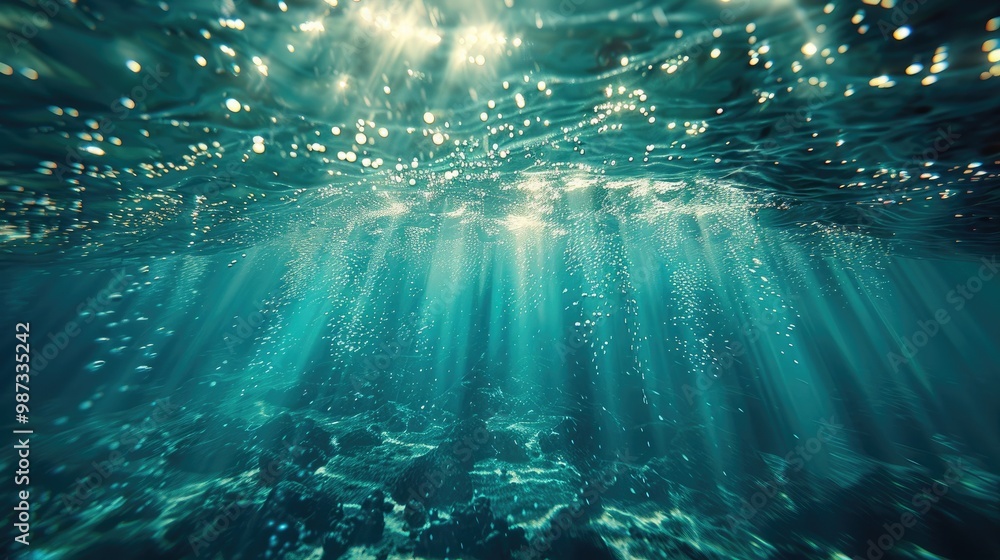 Obraz premium Underwater portrait featuring serene marine life with sunlight shining through the water.