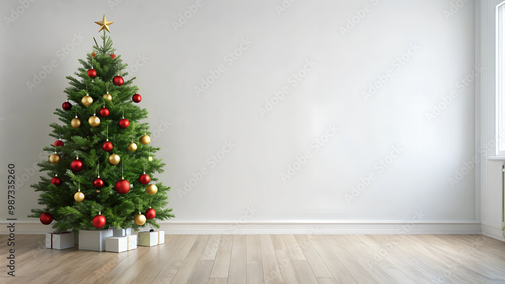 A large, blank white wall dominates the frame, creating extensive Negative Space ideal for text or product placement. On the far left, a small section of a decorated Christmas tree A large, blank white wall dominates the frame, creating extensive Negative Space ideal for text or product placement. On the far left, a small section of a decorated Christmas tree