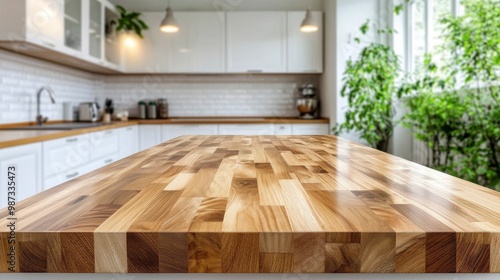 End grain wood counter in inviting kitchen, ideal for design inspiration