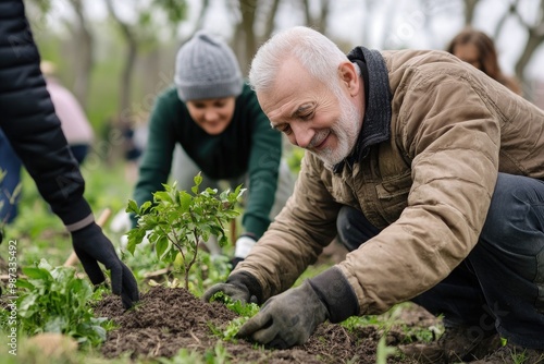 senior man planting trees with group of volunteers in local park, helping to make community greener