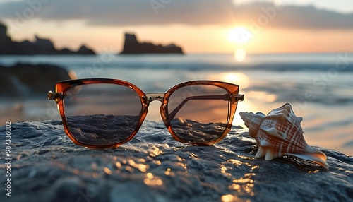 Sunglasses resting on beach rocks beside a conch shell on a sunny shore photo