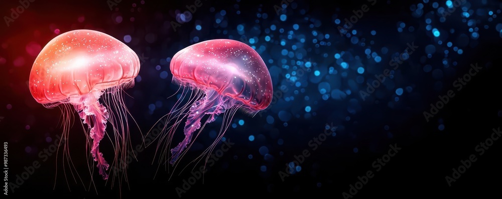 Naklejka premium Glowing jellyfish swimming through a bright, colorful ocean of liquid light, symbolizing underwater imagination