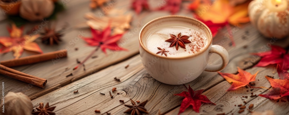Chai latte drink in a cup with autumn leaves decoration and copyspace for your text Chai latte drink in a cup with autumn leaves decoration and copyspace for your text