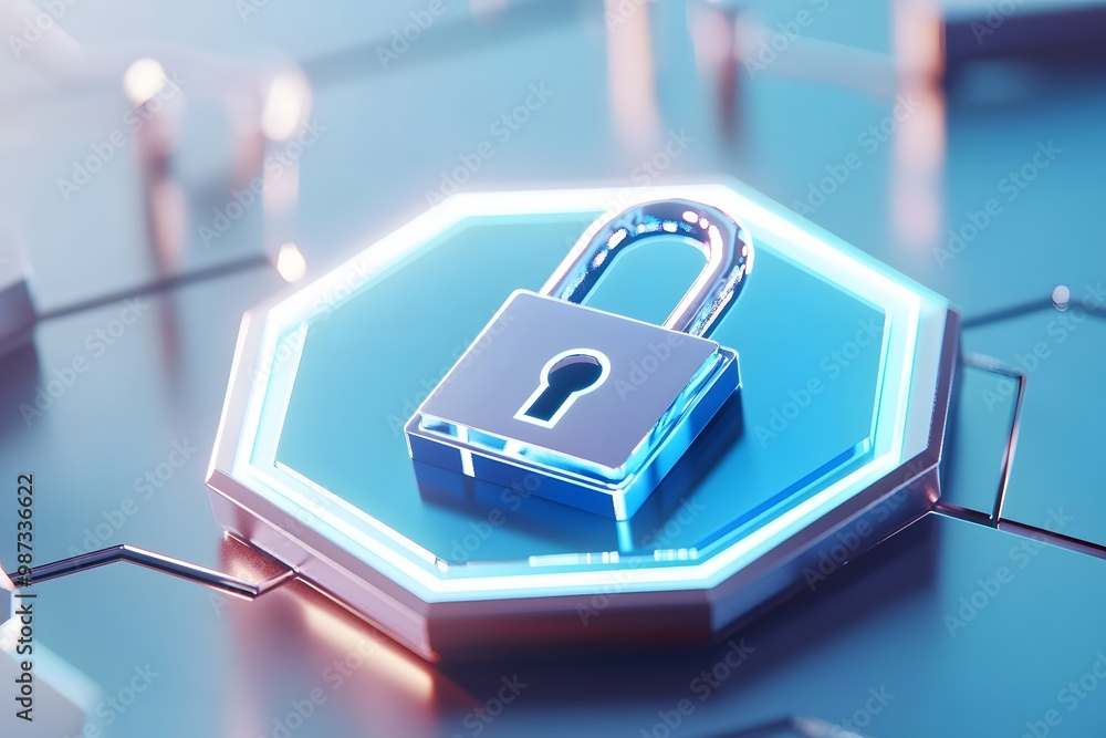 A blue hexagonal icon with an outline of a lock in the center, representing data security on a clean background A blue hexagonal icon with an outline of a lock in the center, representing data security on a clean background