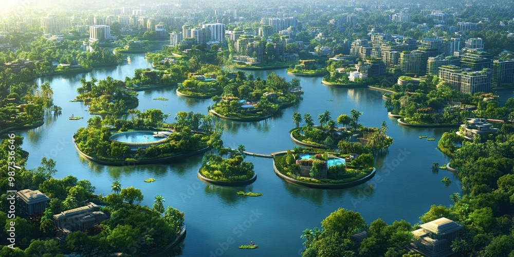 A futuristic eco-friendly cityscape featuring buildings nestled among artificial lakes and lush greenery, with islands connected by bridges, creating a serene and sustainable environment A futuristic eco-friendly cityscape featuring buildings nestled among artificial lakes and lush greenery, with islands connected by bridges, creating a serene and sustainable environment