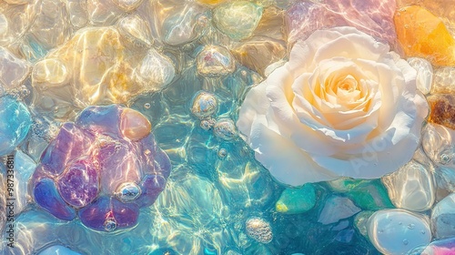 A stunning super wide-angle scene featuring a variety of crystal-clear round gems and white roses gently resting in sea water, surrounded by a waterfall splash and liquid explosion.  photo