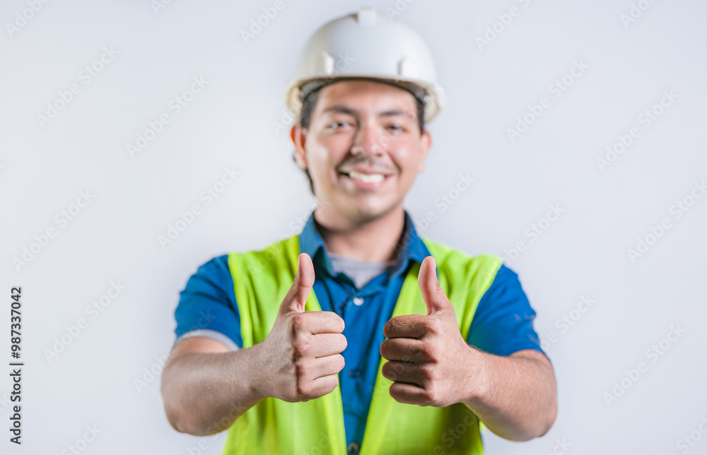 Smiling latin engineer geesturing ok isolated. Positive male engineer with thumbs up, isolated Smiling latin engineer geesturing ok isolated. Positive male engineer with thumbs up, isolated