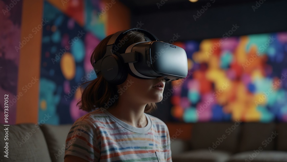 Animated girl experiencing a colorful VR adventure. Animated girl experiencing a colorful VR adventure.