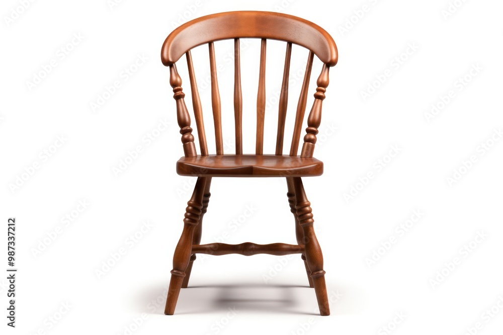 A classic wooden dining chair with a curved back and spindle legs A classic wooden dining chair with a curved back and spindle legs