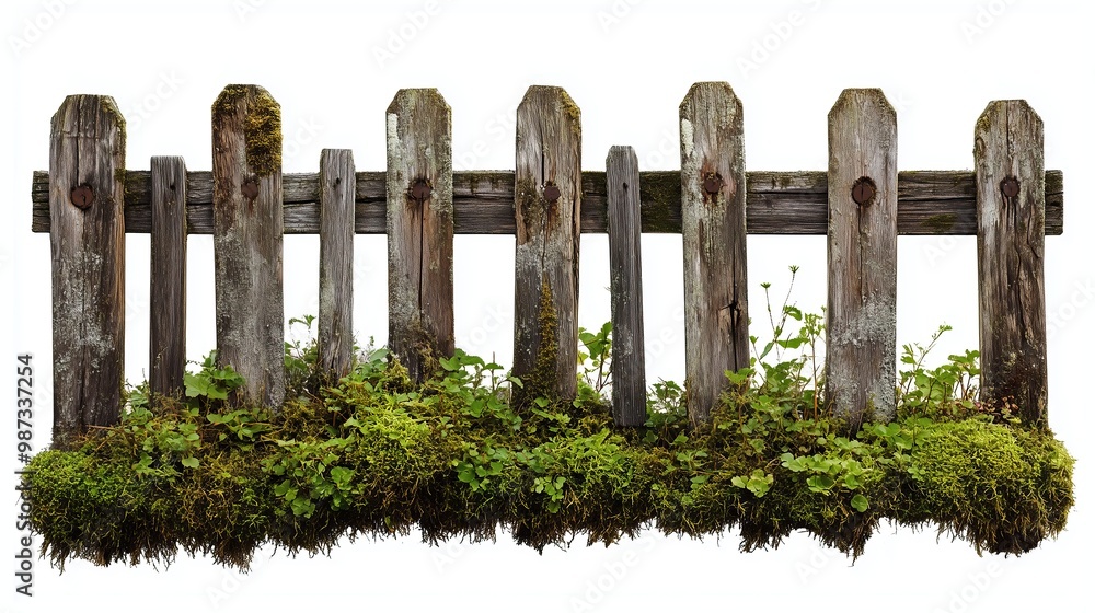 Naklejka premium one single wooden fence covered in moss isolated on white background