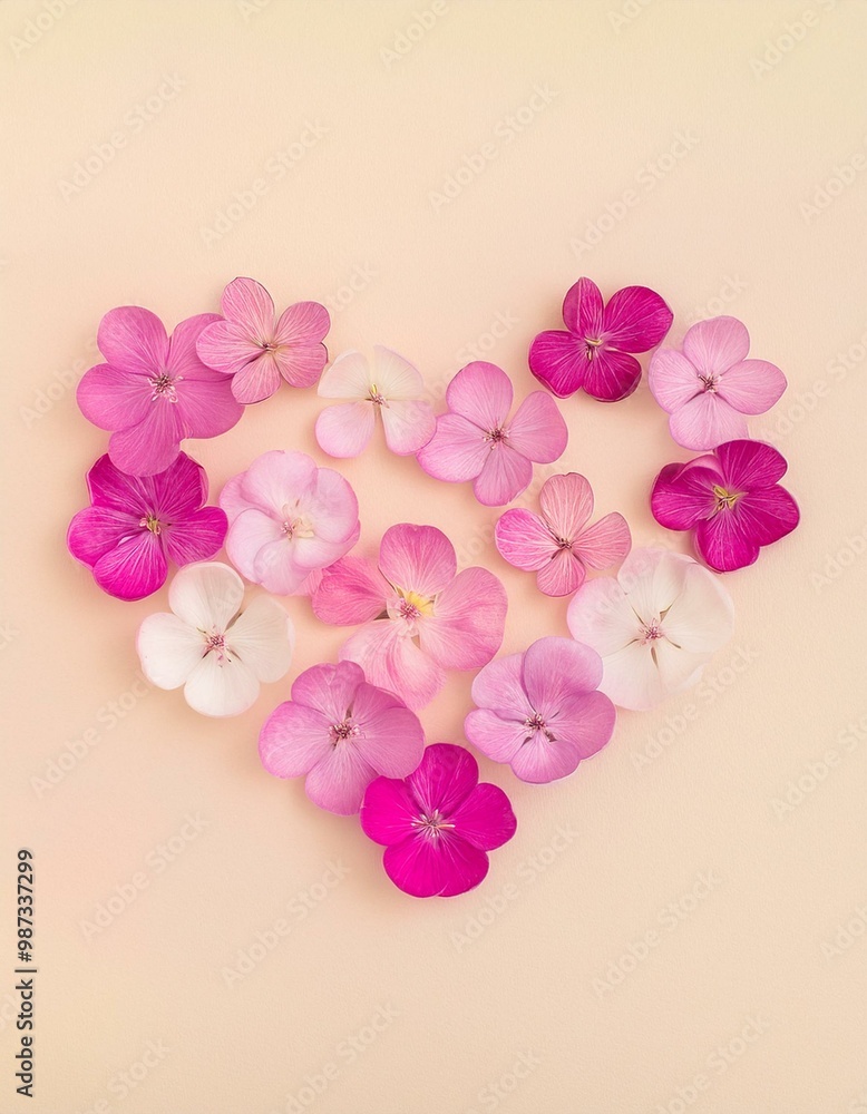 Spring flowers arranged in heart shape