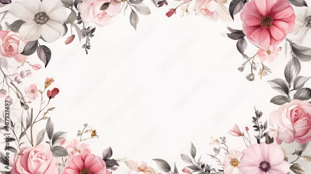 A delicate border of blush pink and white flowers on a white background. A delicate border of blush pink and white flowers on a white background.