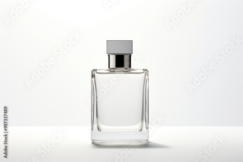 A clear glass perfume bottle with a minimalist label and branding, allowing the bottle itself to take center stage