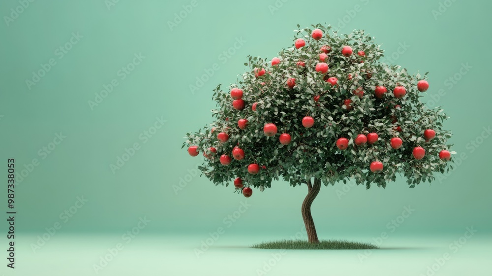 Fototapeta premium Stunning 3D render of an apple tree with red apples, set on a gradient soft green background.
