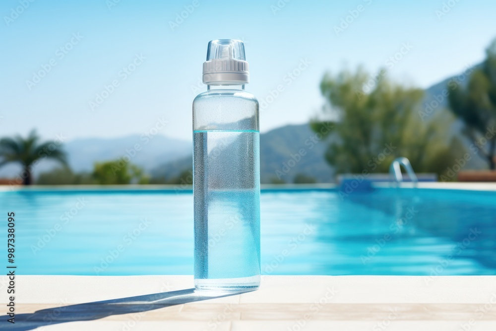Naklejka premium A clear water bottle perched precariously on the edge of a swimming pool, capturing the essence of summer