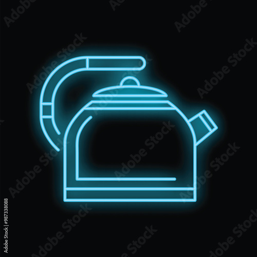 Blue neon sign of a kettle boiling water for tea is glowing on a black background