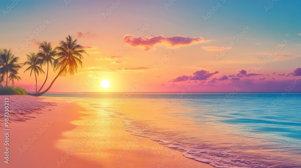 Golden sunset over a calm tropical beach with palm trees. Golden sunset over a calm tropical beach with palm trees.