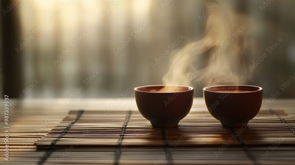 Two simple cups of tea on a bamboo mat, gently steaming in a calm, quiet environment. Two simple cups of tea on a bamboo mat, gently steaming in a calm, quiet environment.