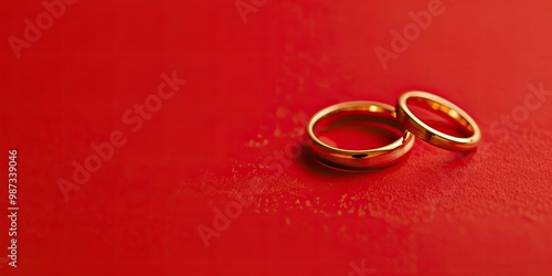 full focued two wedding golden rings on the right of the red background, space for text, his and her ring photo