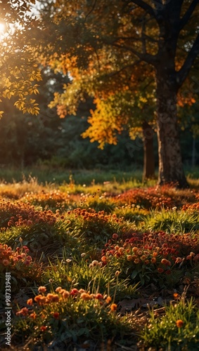 Autumn background with blooming colors in evening light.