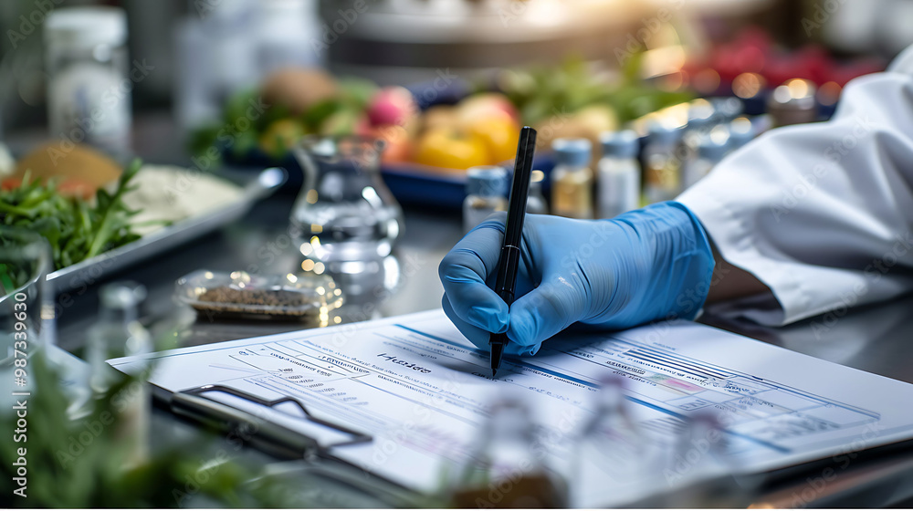 Fototapeta premium Scientist wearing gloves writes on clipboard with fresh produce in background.