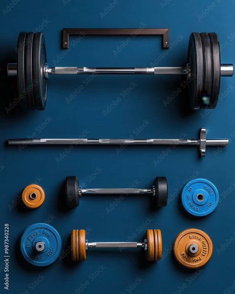 Essential Weightlifting Equipment on a Blue Background Essential Weightlifting Equipment on a Blue Background