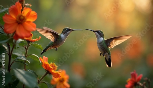 Two Hummingbirds in Flight with Orange Flowers photo