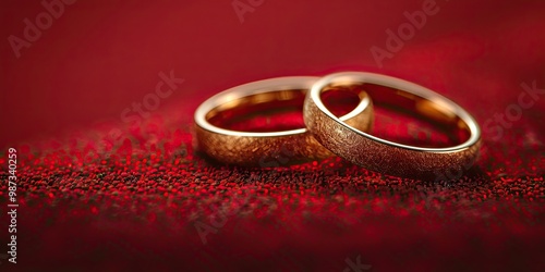 full focued two wedding golden rings on the right of the red background, space for text, his and her ring photo