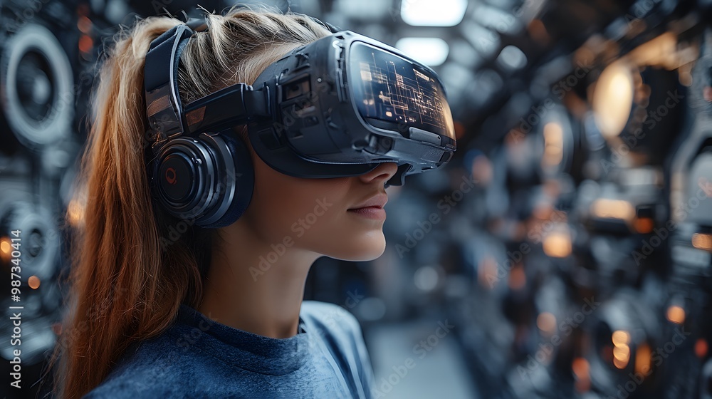Virtual reality education setup with a student exploring a 3D model while wearing VR goggles, futuristic setting Virtual reality education setup with a student exploring a 3D model while wearing VR goggles, futuristic setting