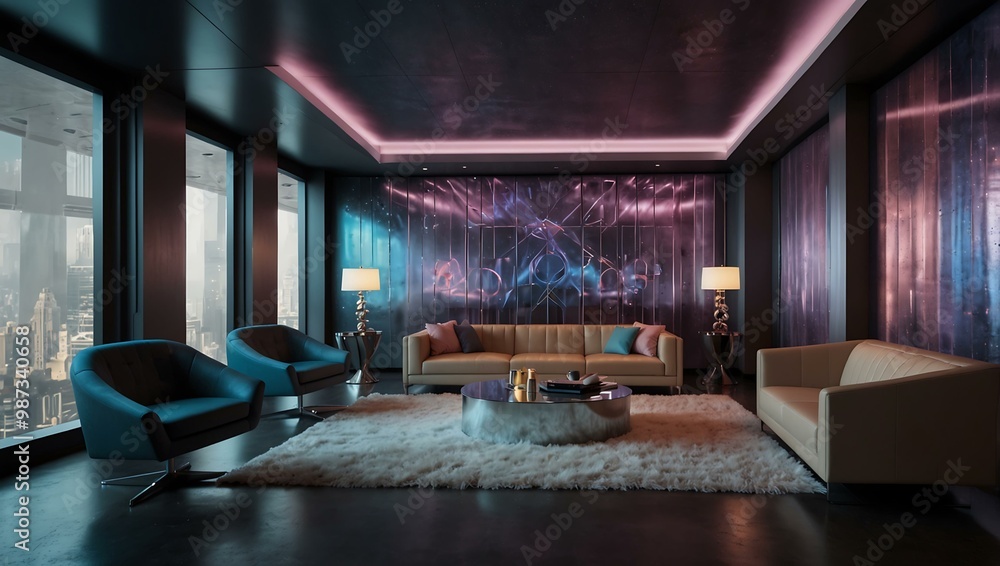 Avant-garde office lounge with holographic decor. Avant-garde office lounge with holographic decor.
