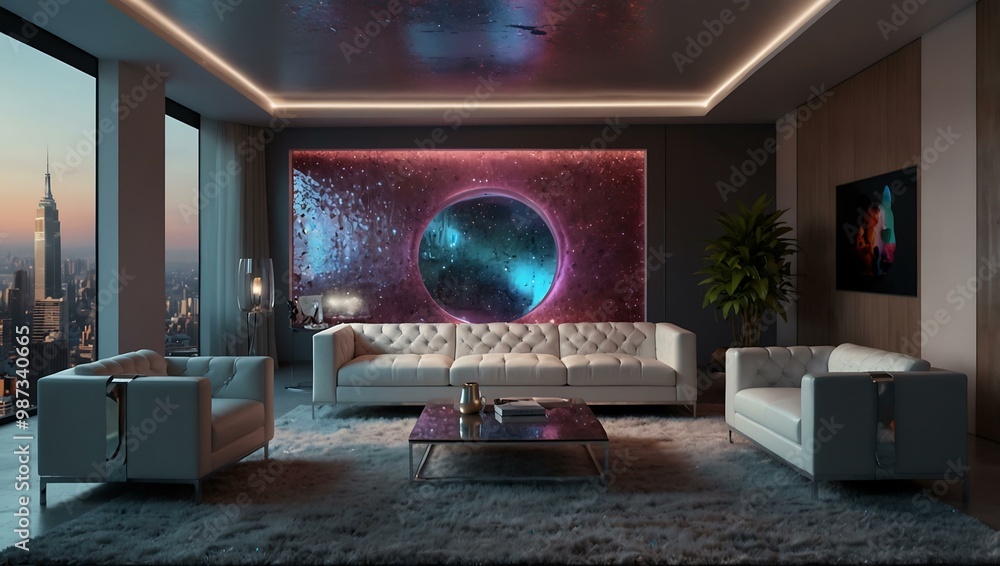 Avant-garde office lounge with holographic decor. Avant-garde office lounge with holographic decor.