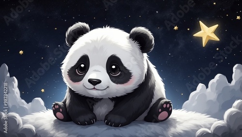 A cute portrait face, round-faced kawaii panda, in the starry night sky