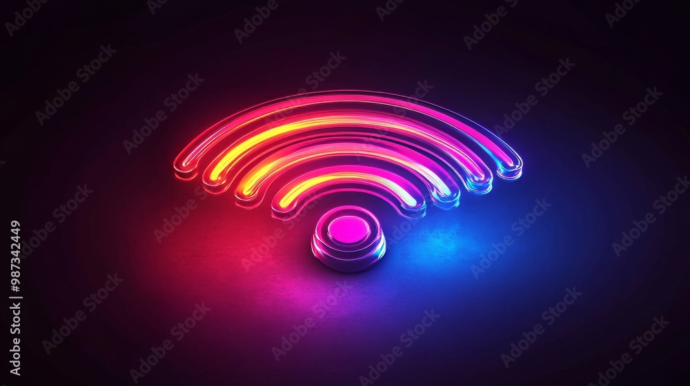 A glowing neon wifi symbol on a dark background. A glowing neon wifi symbol on a dark background.