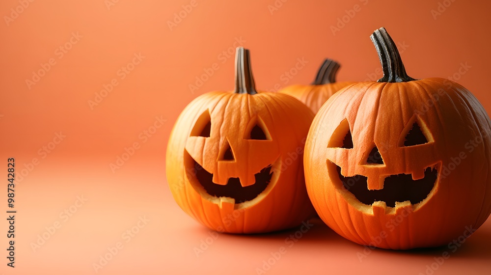 Carved jack-o'-lantern pumpkins with smiling faces sit against a soft peach background, highlighting a minimalist composition with warm ambient lighting for Halloween. Carved jack-o'-lantern pumpkins with smiling faces sit against a soft peach background, highlighting a minimalist composition with warm ambient lighting for Halloween.